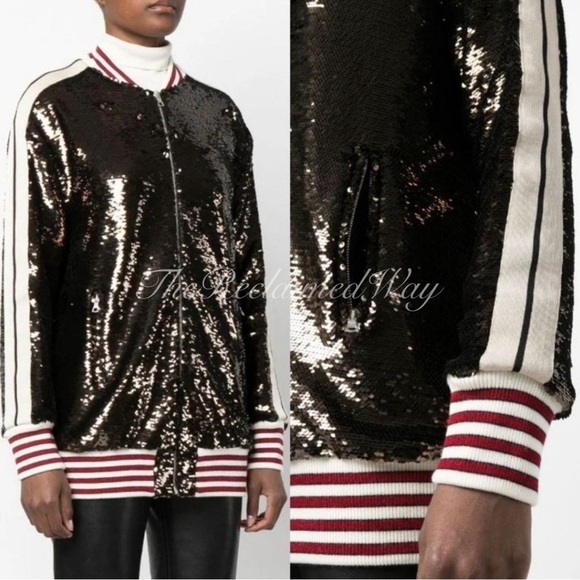 Palm Angels Sequin Track Jacket Zip Up Striped Oversized Coat Chocolate Brown - Picture 8 of 17